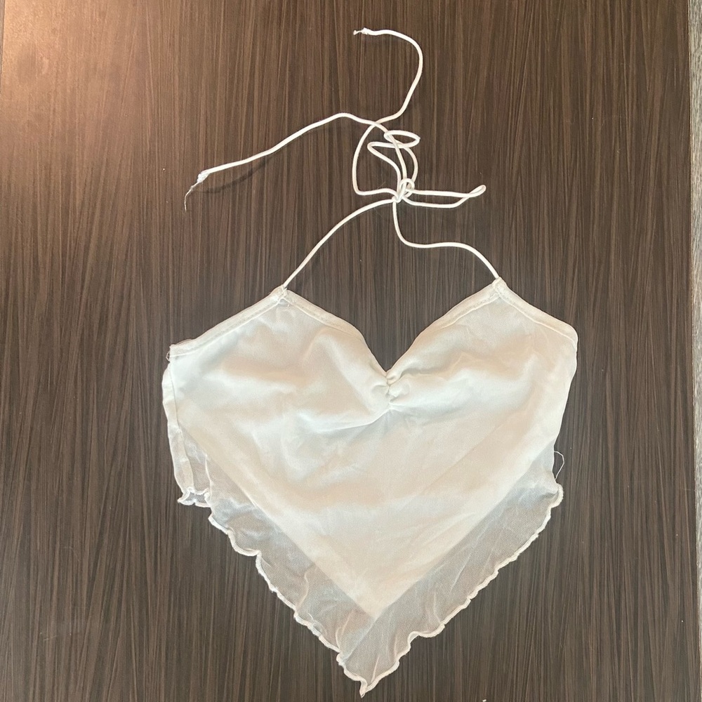 women’s white heart-shaped halter top with ruffles. has strings for tying around